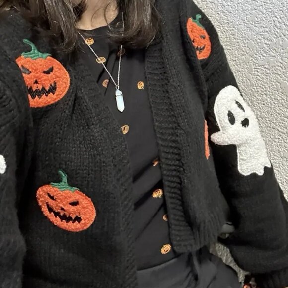 Halloween Knitted Open Front Crop Top Cardigan Jacket Sweater Ghost Pumpkin - Picture 7 of 7